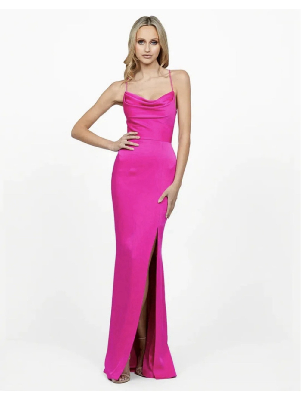 Bariano Hot Pink Satin Cowl Neck Lace Up Back Maxi Gown Formal Dress US 2